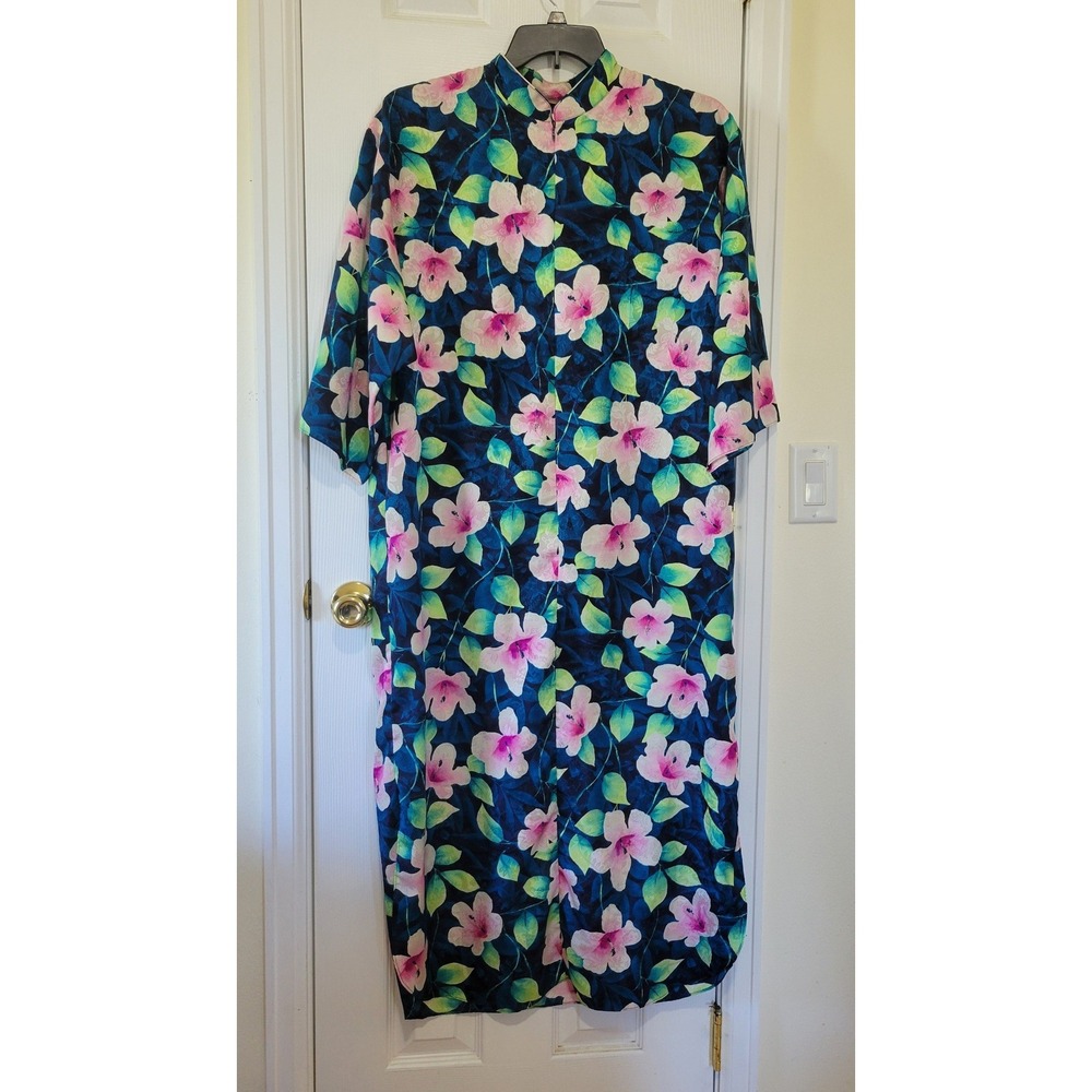 Valerie Stevens Floral Robe Kimono Housedress Navy Pink Hibiscus Long Medium
